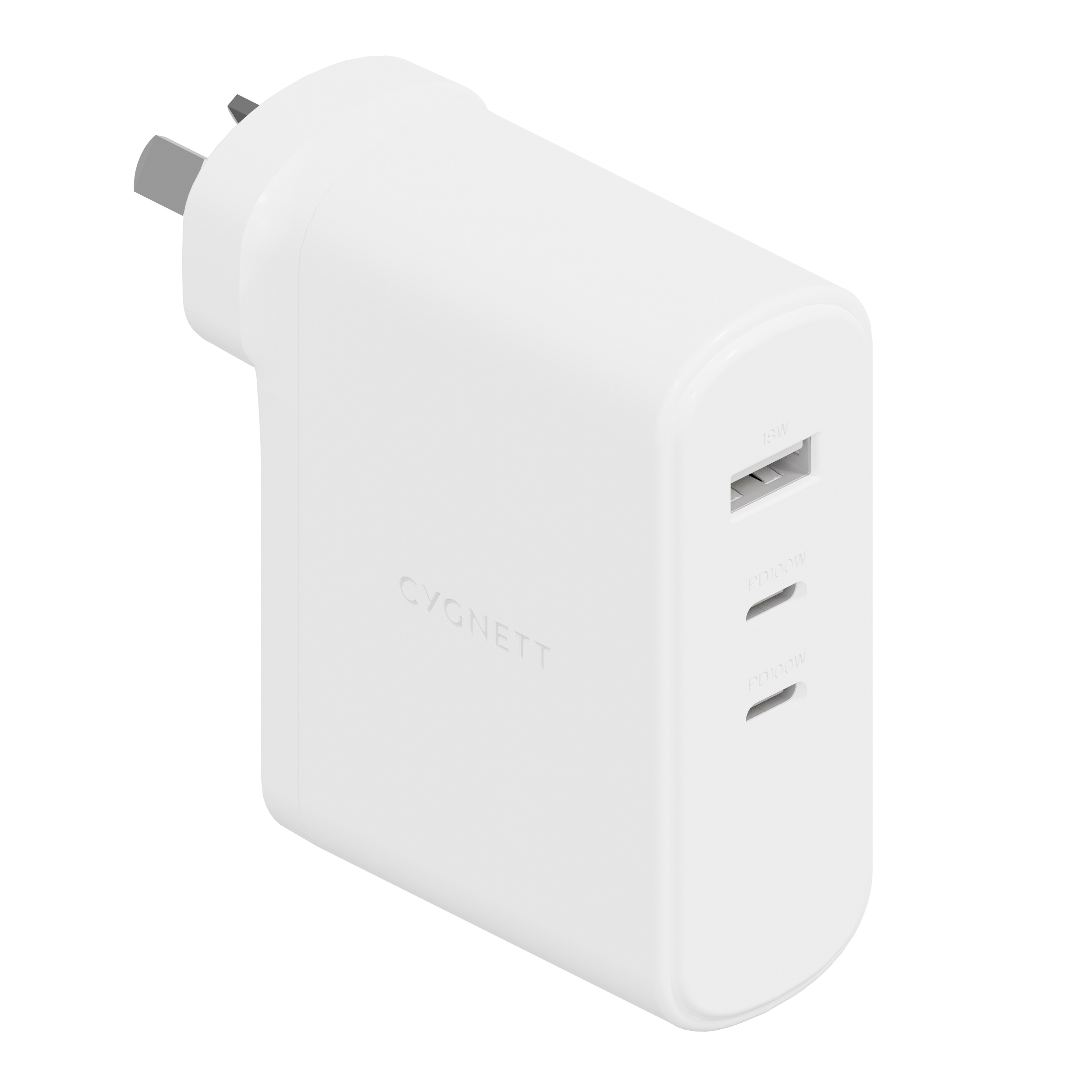 Cygnett PowerMaxx 100W Multiport GaN Wall Charger - White(CY4373PDWCH), 1x USB-A (18W),2x USB-C PD(100W),Chargex 3 Devices, 2 Years Warranty