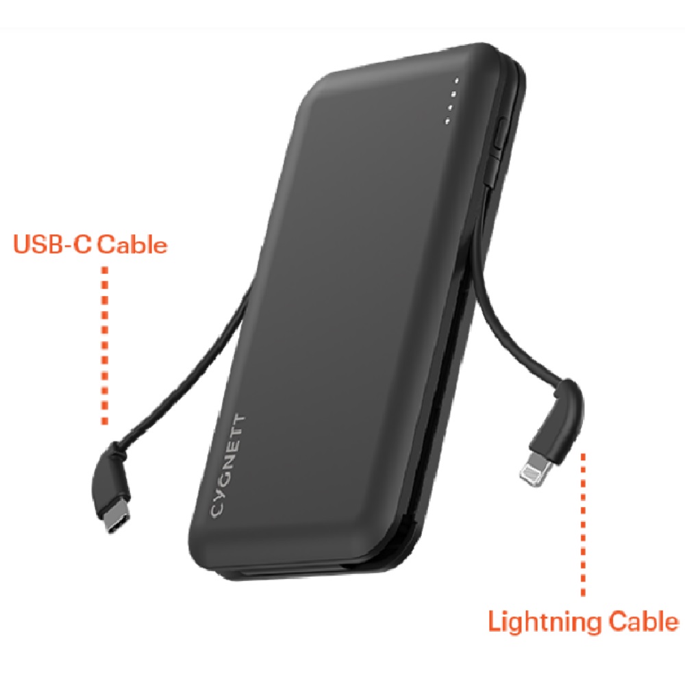 Cygnett ChargeUp Pocket 10K mAh Power Bank with Integrated Lightning (MFi) (10.5W) & USB-C (15W) Cable - Black (CY4406PBCHE),2 Years Warranty