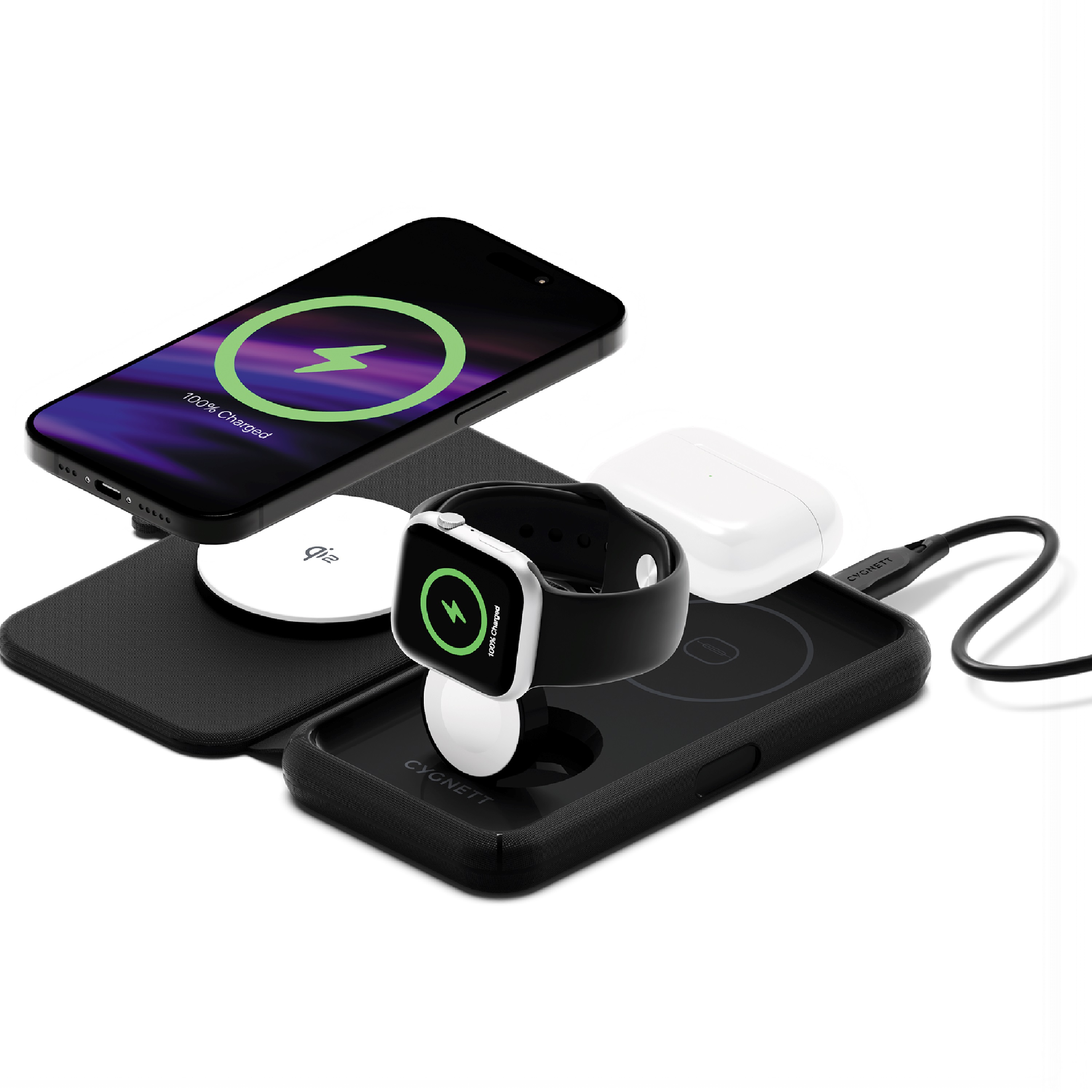 Cygnett MagTravel 15W 2-in-1 Wireless Charger - BlacK (CY5138WIRDE), MagSafe & Qi2 Compatible,1M USB-C Cable, Perfect for Travel, 2 Years Warranty
