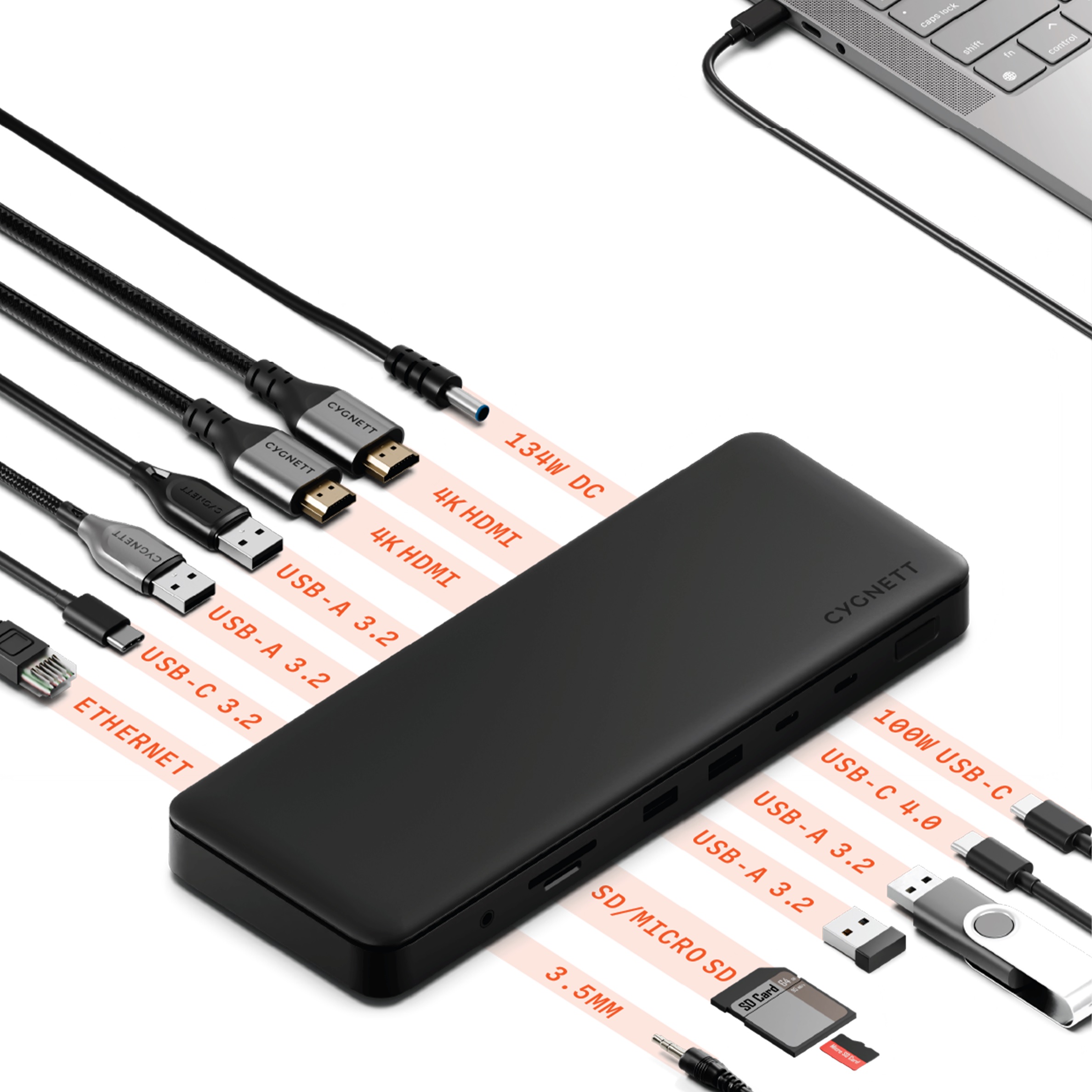 Cygnett Unite HighDock 13-in-1 USB-C Hub Adapter Dock-(CY5149HUB14)2x HDMI 4xUSB-A 3.2,2xUSB-C 4.0,1x3.5mm TRRS 1x SD,2Years Warranty