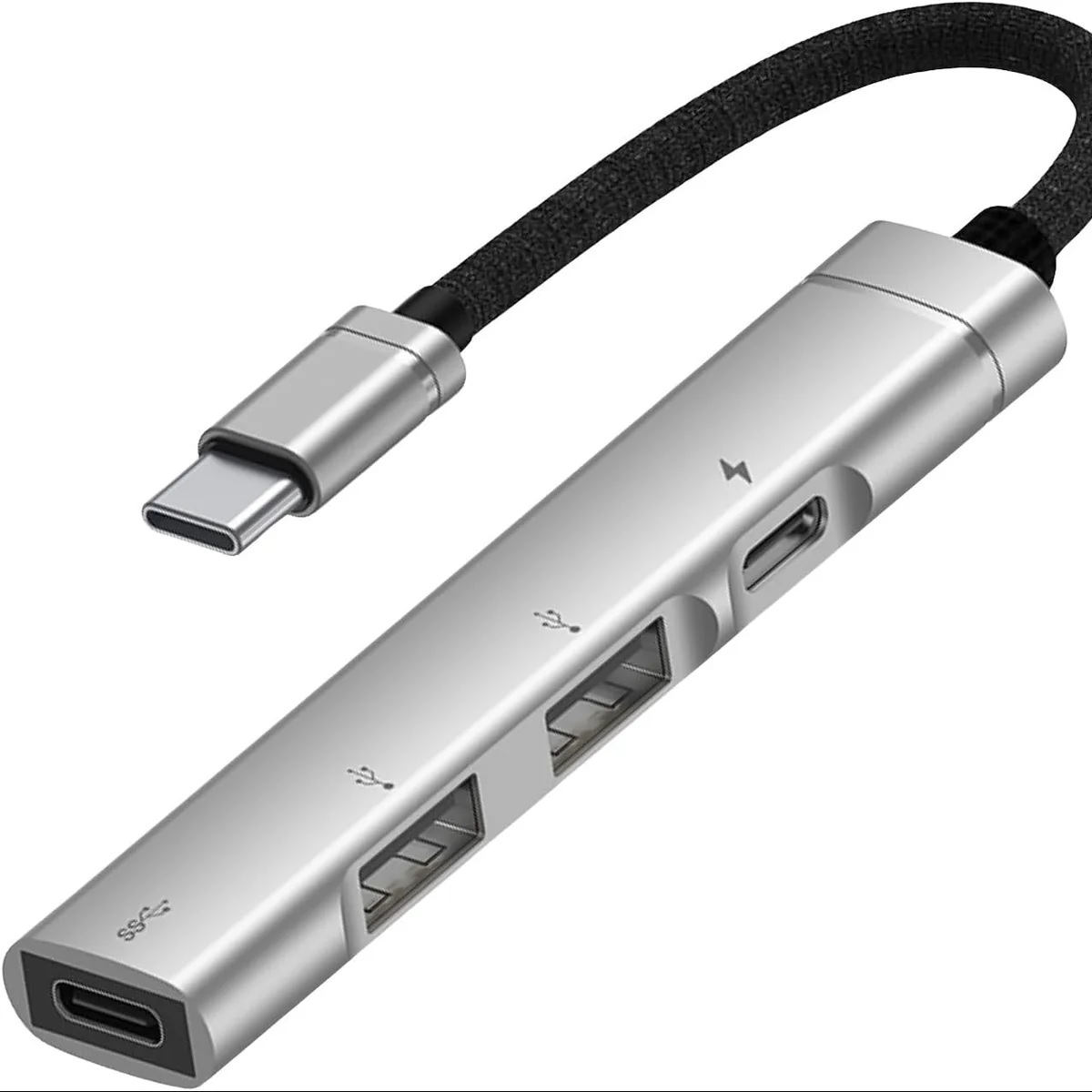 USP usbhct2a2c Laptop Multiport 4-in-1 Dual USB-C & Dual USB-A Hub - Silver, (2x USB-A), (2x USB-C), 1x USB-C PD Fast Charging, Braided Cable, 5 Years Warranty