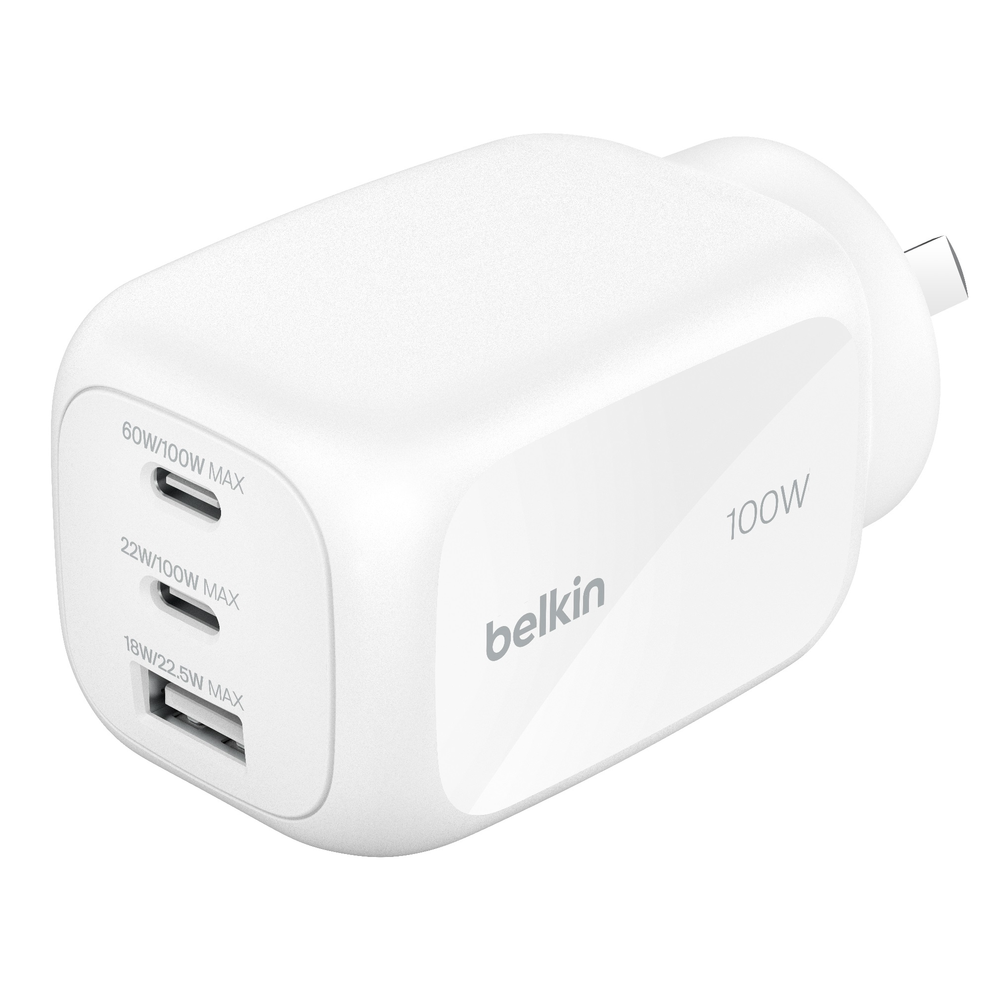 Belkin BoostCharge Pro 100W 3-Port GaN Wall Charger - White (WCH016AUWH), 2x USB-C, 1x USB-A, Compact Laptop Charger, CEW $2500, 2 Years Warranty