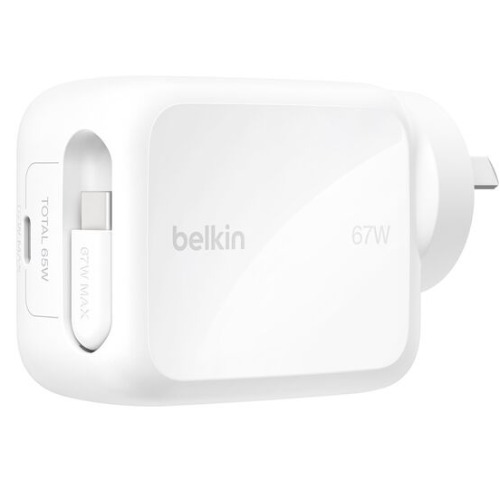 Belkin Laptop UltraCharge Retractable Dual 67W USB-C GaN Wall Charger - White(WCH022auWH),1xUSB-C,1x Retractable USB-C Cable(1M),$2,500 CEW, 2 Years Warranty