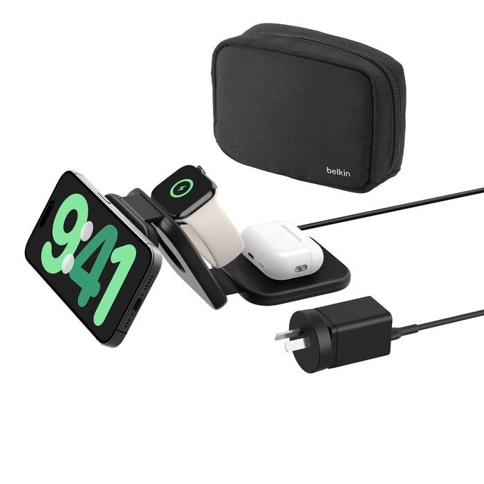 Belkin BoostCharge Pro 3-in-1 Magnetic Qi2 Wireless Travel Pad + 36W Wall Charger + USB-C Cable (1.5M) - Black (WIZ024auBK), 15W, 2 Years Warranty