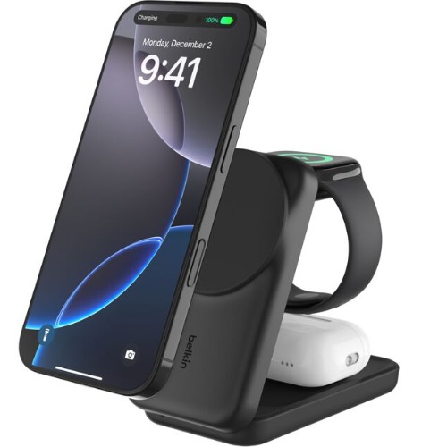 Belkin Power accessory UltraCharge 3-in-1 Foldable Magnetic Charger With Qi2(25W)+USB-C Wall Charger(45W)+USB-C Cable(15M)-Black(WIZ037auBK),$2500CEW,2 Years Warranty