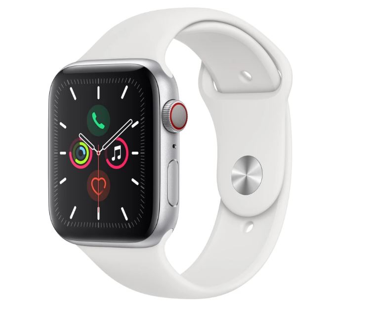 Apple Watch Series 5 GPS + Cellular 44mm - Silver Aluminium case with White sports band,watchOS 6,Electrical and optical heart sensor,32GB capacity