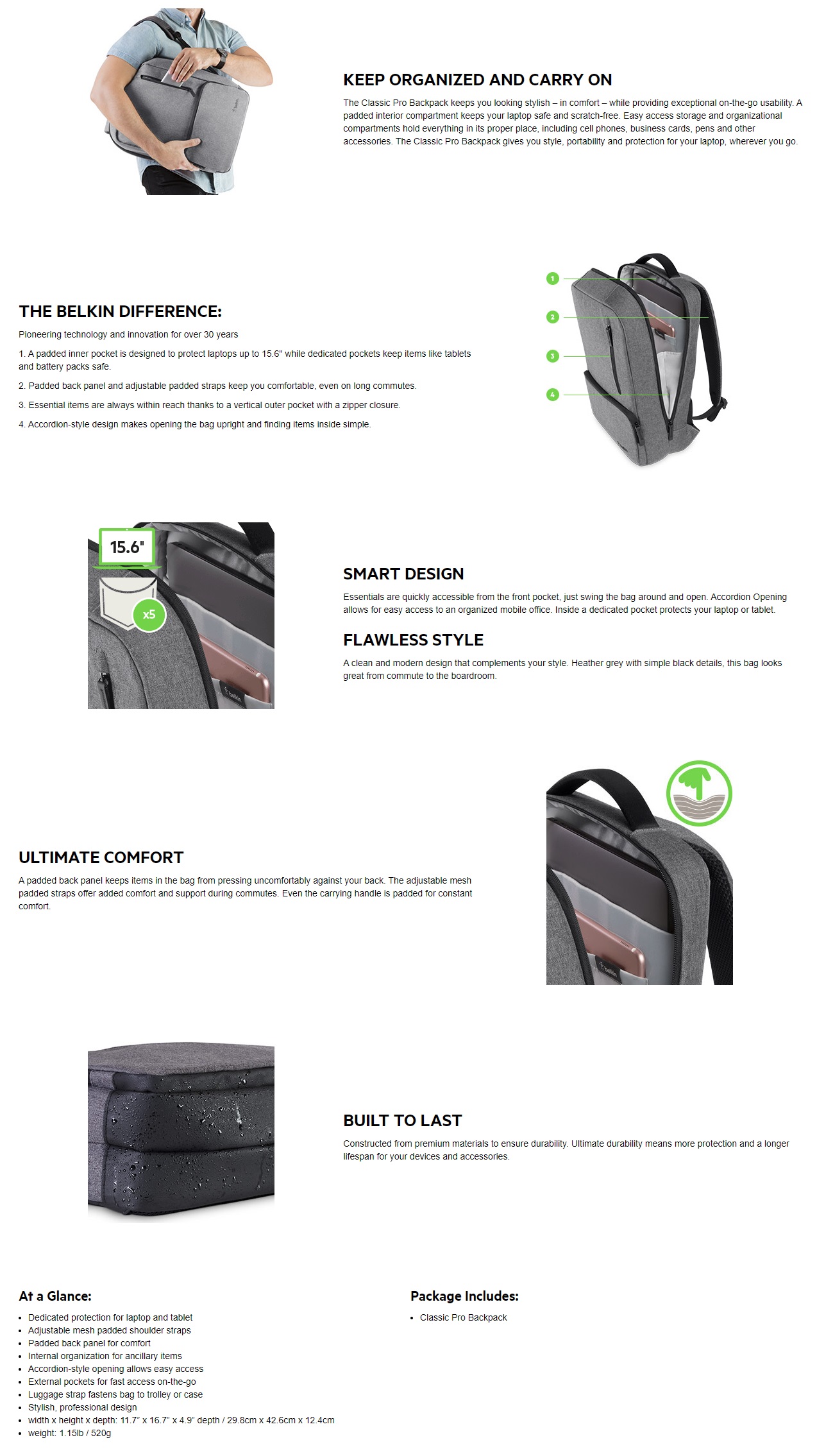 Belkin Classic Pro Backpack Grey(F8N900btBLK),Ultimate Comfort,Styli