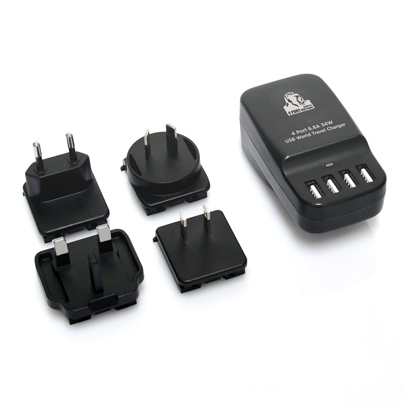 mbeat® Gorilla Power 4-Port 6.8A 34W USB World Travel Charger - Interchangable World Travel Adapters (AUS/US/UK/EU)