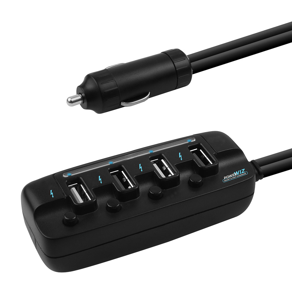 mbeat® 4 Ports USB Rapid Car Charger - 40W Rapid Smart Charger/Individual ON/OFF switches/90cm Extension Cable Design