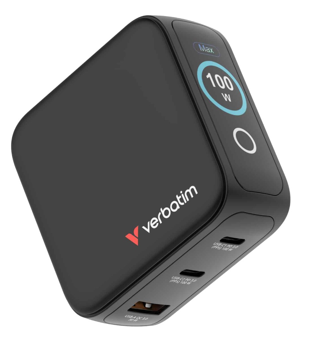 Verbatim 30242 Laptop Mini GaN Charger 100W with Display Compact 3-port wall charger with USB-C® Power Delivery and Quick Charge 3.0