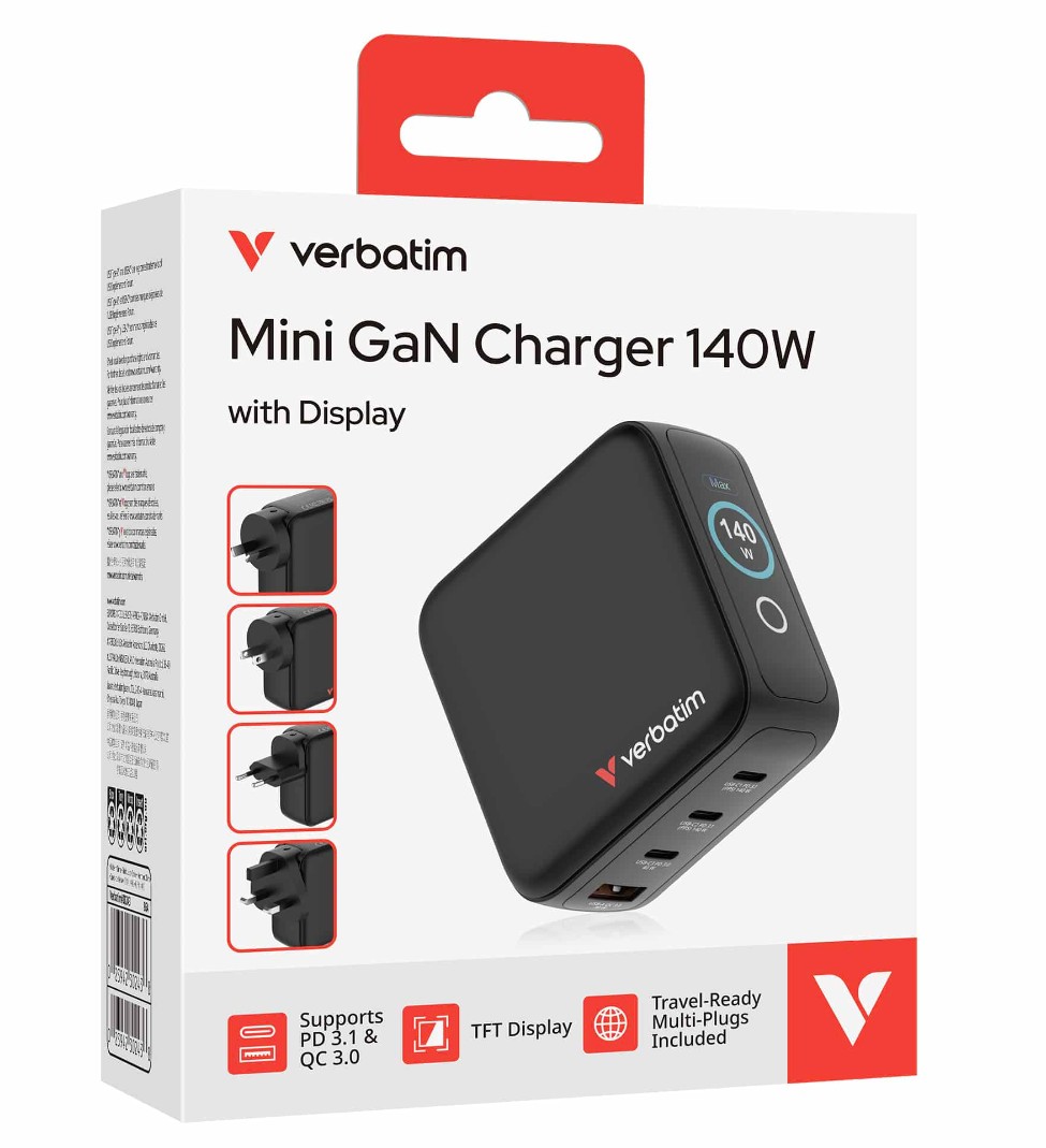 Verbatim 30243 Laptop Mini GaN Charger 140W with Display Premium 4-port GaN wall charger with three USB-C® and one USB-A port