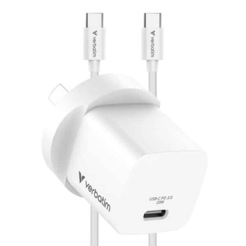 Verbatim 32397 Laptop Mini GaN 20W USB-C Charger, PD 3.0, PPS, QC 3.0, with 1m USB-C to USB-C Cable (60W, USB 2.0), AU Plug, White, OCP/OVP/SCP/OTP Protection