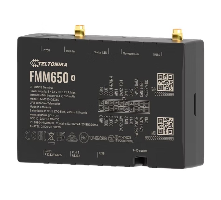 Teltonika FMM650Y3FE01 Commercial display FMM650 4G LTE Cat M1 tracker for advanced applications with high capacity backup battery and external antennas