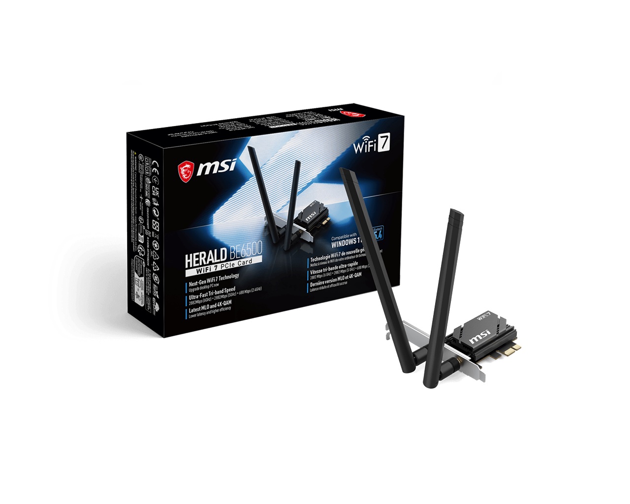 MSI HERALD BE6500 WiFi 7 PCIe Card, Tri-Band WiFi 7, BE6500, BT 5.4, PCIe x1, 2x2 up to 2882Mbps, WPA3, Win11 NWM-HERALD-BE6500-WIFI7