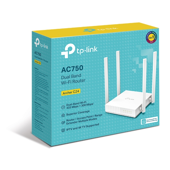 TP-Link Archer C24 AC750 Dual-Band Wi-Fi Router 2.4GHz 300Mbps 5GHz 433Mbps 4xLAN 1xWAN 4xAntennas, WPS, Router Access Point and Range Extender Modes