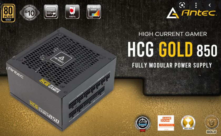 Antec HCG-850G 850w 80+ Gold Fully Modular PSU, 120mm FDB Fan, 2x EPS 8PIN, 100% Japanese Caps, DC to DC, Compact Design. 10 Years Warranty