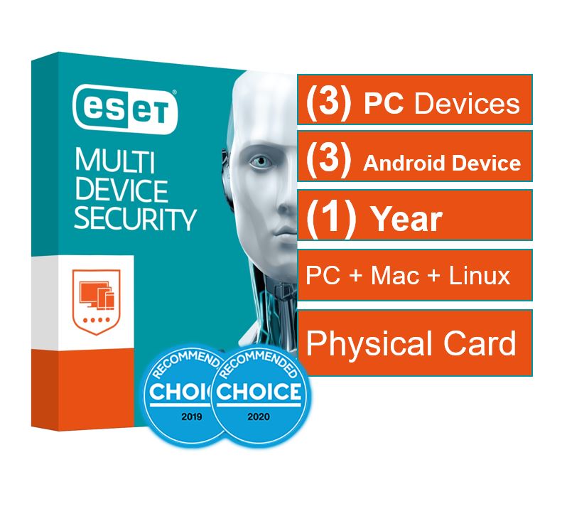ESET Multi Device Security (Advanced Protection) 3 Windows PCs or Macs or Linux + 3 Android Devices 1 Year - Includes 1x Physical Printed Download