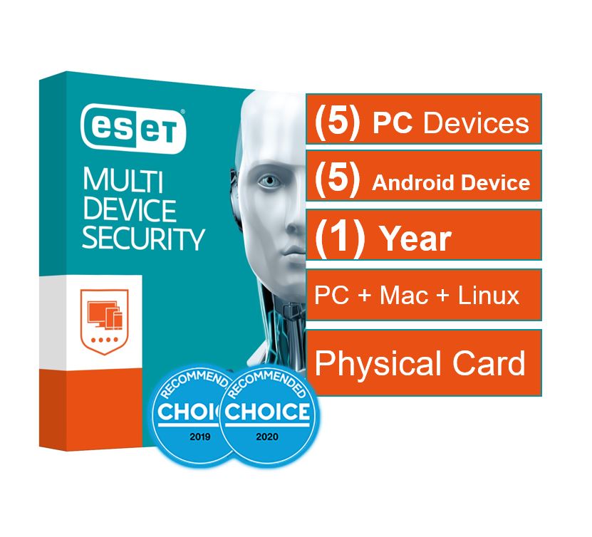 ESET Multi Device Security (Advanced Protection) 5 Windows PCs or Macs or Linux + 5 Android Devices 1 Year - Includes 1x Physical Printed Download