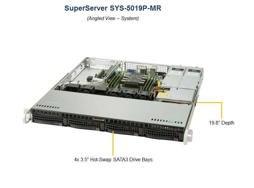 Supermicro 1RU SuperServer 5019P-MR Barebone Server, Single Scaleable Socket LGA3647, 4  x 3.5' HDD Hot Swap, IPMI, 400w RPSU, 2 x Gbe