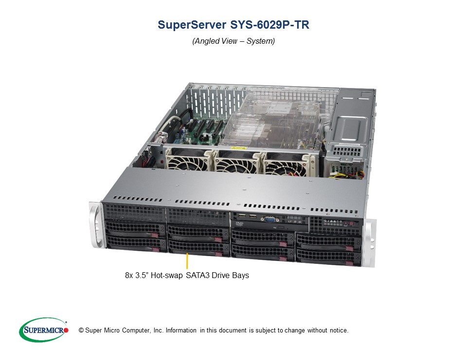Supermicro SuperServer 6029P-TR, 2U Rackmount, Dual Socket LGA3647, 16x DIMM, Intel C621, 2 x 1GBe, IMPI, 8x 3.5' HDD HS, 1100w RPSU