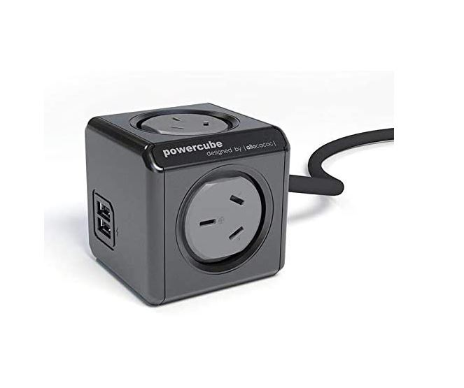 ALLOCACOC POWERCUBE Extended USB Grey-4 Outlets-2 USB, 3M WITH SURGE in Black  New