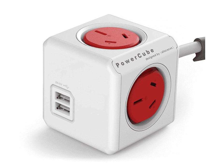 ALLOCACOC POWERCUBE Extended 4 Outlets with 2 USB 3M - Red (LS)