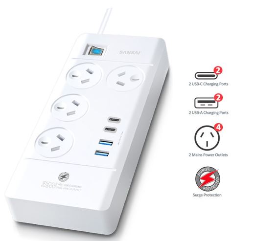Sansai 4 Way Powerboard 4 Outlet 2×USB-A 2×USB-C Charging Ports Ports 10A 240V Individually Switched 2 extra spaced sockets 1M Length