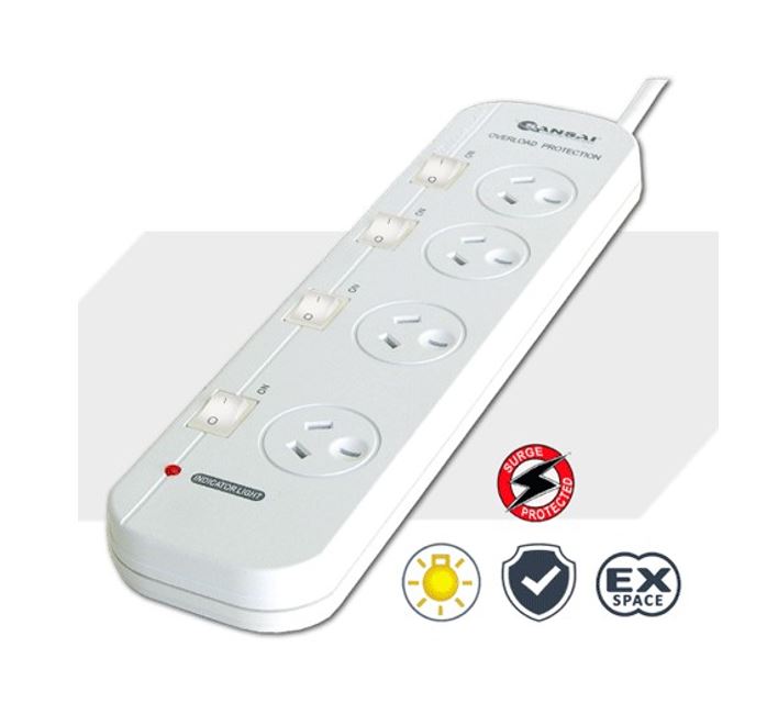 Sansai 4-Way Power Board (421SW) with Individual Switches and Surge Protection