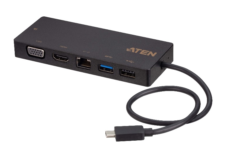 Aten USB-C Single-View Multiport Mini Dock with power pass through, HDMI/VGA, Single View:3840*2160@30, 1x USB3, 1x USB 2.0, Ethernet, supports Androi