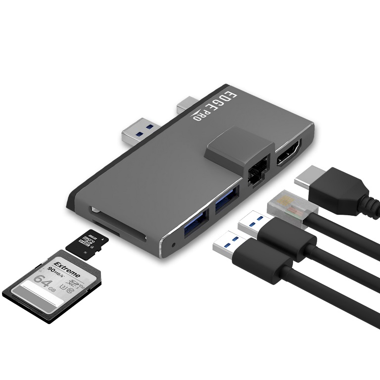 mbeat®  Edge Pro Multifunction USB- C Hub for Microsoft Surface Pro 5/6  Metal Grey (HDMI, LAN, USB 3.0 Hub, Card Reader)
