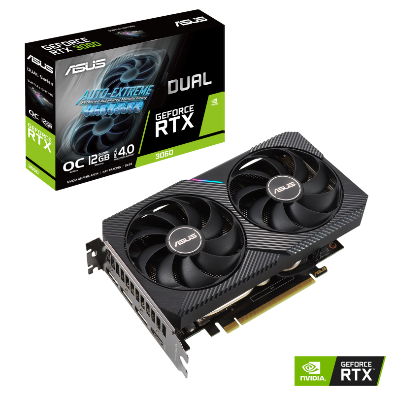 ASUS Commercial display nVidia GeForce DUAL-RTX3060-O12G-V2 RTX3060 V2 12GB GDDR6 OC Edition,1867 Mhz Boost, 1xHDMI 2.1 3xDP 1.4a (LHR)