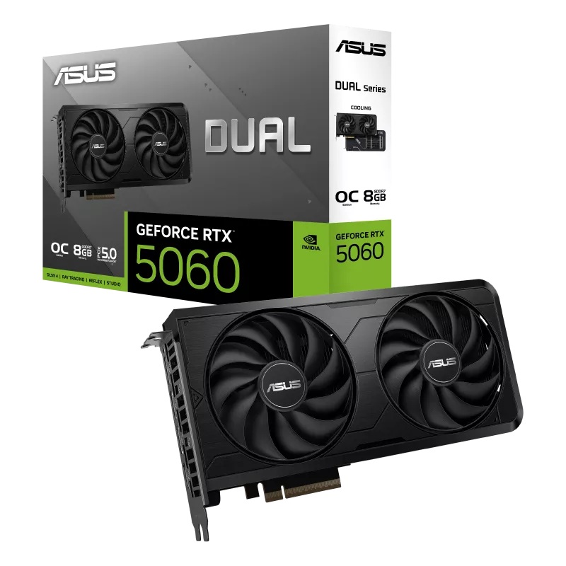 ASUS DUAL-RTX5060-O8G-EVO Commercial display nVidia Dual GeForce RTX™ 5060 EVO OC Edition, 8GB, GDDR7, 128-bit, PCIe 5.0, 2565MHz, 3840 CUDA, 2.1-Slot