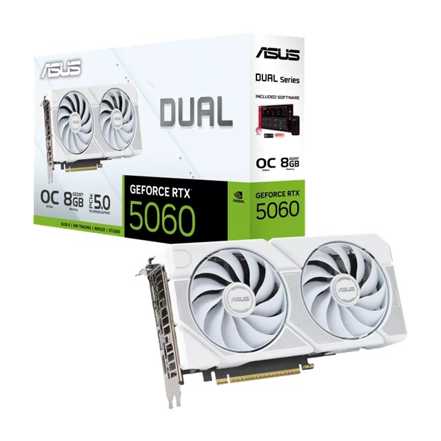 ASUS DUAL-RTX5060-O8G-WHITE Commercial display Dual GeForce RTX™ 5060 8GB- White OC Edition, GDDR7, NVIDIA®, 3840 CUDA Cores, 28Gbps, PCIe 5.0, HDMI 2.1b, DP 2.1b