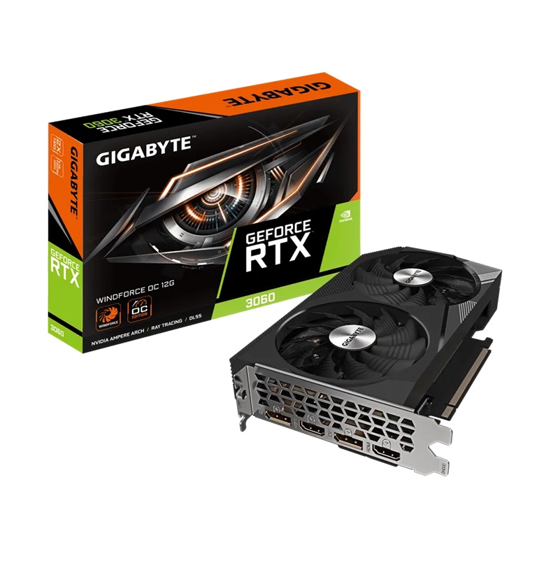 Gigabyte GV-N3060WF2OC-12GD 2.0 Commercial display GeForce RTX™ 3060 WINDFORCE OC 12G 2.0, 1792 MHz, CUDA 3584, 15000 MHz, GDDR6, 192 bit, PSU 550W, 8 pin*1, DisplayPort 1.4a *2 HDMI 2.1 *2