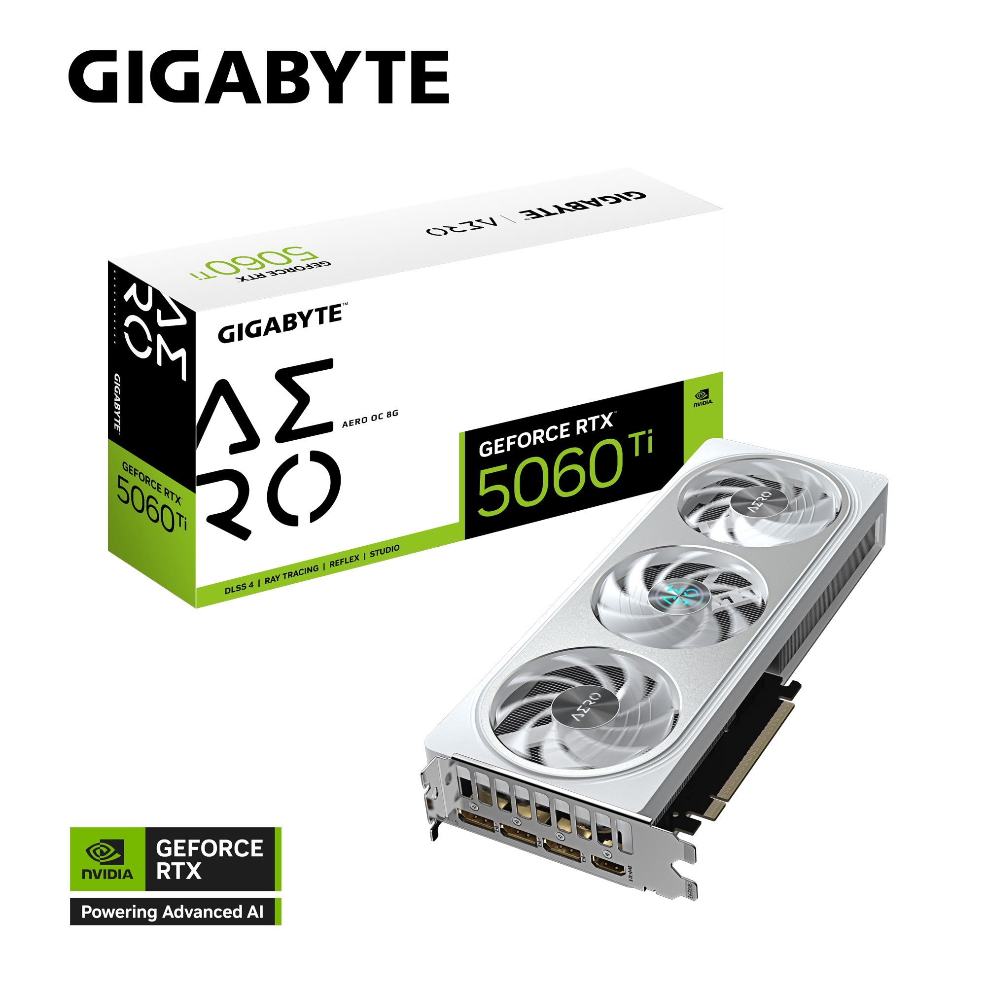 Gigabyte GeForce RTX™ 5060 Ti AERO OC 8G, 2647 MHz, CUDA TBD, 28 Gbps, GDDR7, 128 bit, PCI-E 5.0, PSU 650W, DisplayPort 2.1b *3 HDMI 2.1b *1