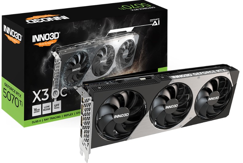 INNO3D N507T3-16D7X-176068N Commercial display nVidia GeForce RTX 5070 TI X3 OC 16GB GDDR7 2482 MHz Boost Clock, RAM 28 Gbps, 3x DP, 1xHDMI 300x116x41mm